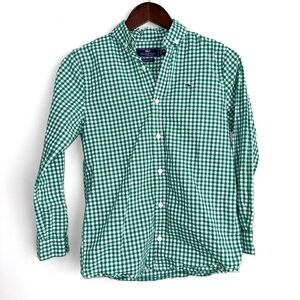VINEYARD VINES Boys Medium 12-14 Green White Gingham Long Sleeve Whale Shirt D2